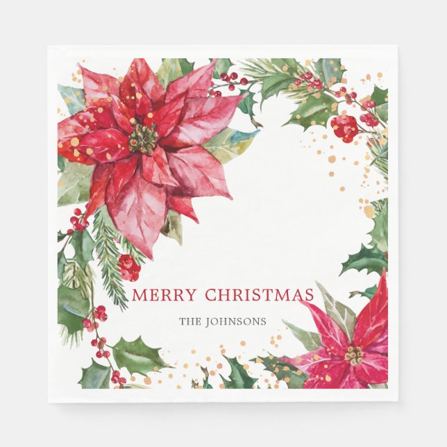 Watercolor Poinsettia Gold Splatter Personalized Napkin (Front)
