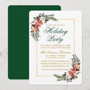 Watercolor Poinsettia Holiday Party Gold Green Invitation