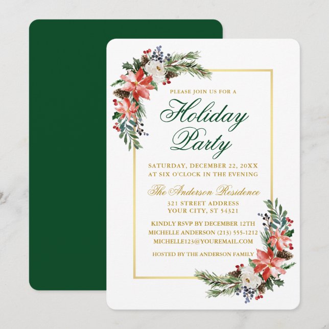 Watercolor Poinsettia Holiday Party Gold Green Invitation (Front/Back)