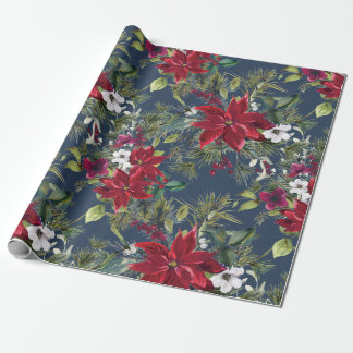 Watercolor Poinsettia, holly, pine Christmas Party Wrapping Paper