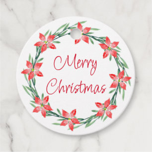 Watercolor Poinsettia Leaves Wreath Favour Tags