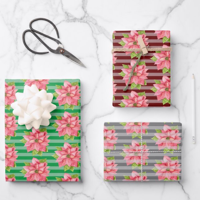 Watercolor Poinsettia on Stripes Wrapping Paper Sheet (Front)