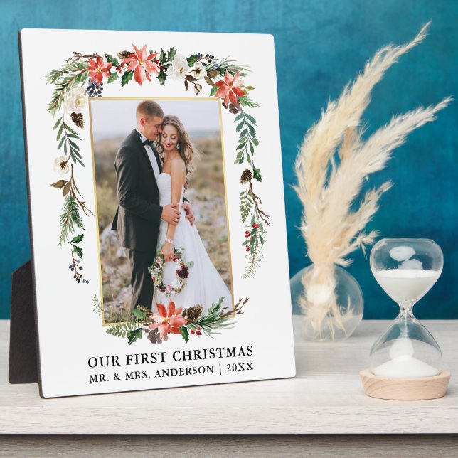 Watercolor Poinsettia Our First Christmas Photo Plaque (Side)