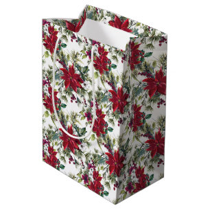 Watercolor Poinsettia Pattern Medium Gift Bag