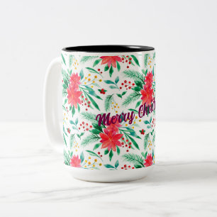 Watercolor Poinsettia Patterned Two-Tone Coffee Mug