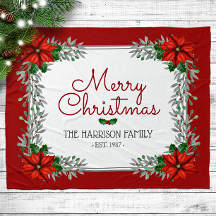 Watercolor Poinsettia Personalized Merry Christmas Fleece Blanket