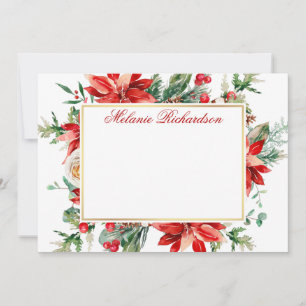 Watercolor Poinsettia Red Floral Greenery Gold Card