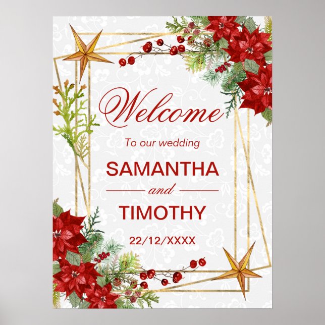 Watercolor Poinsettia Winter Wedding Welcome Poster (Front)