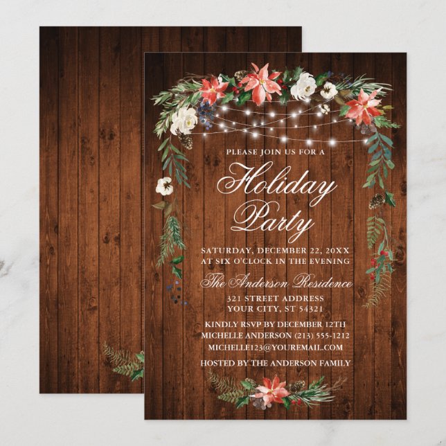 Watercolor Poinsettia Wood Lights Holiday Party Invitation (Front/Back)