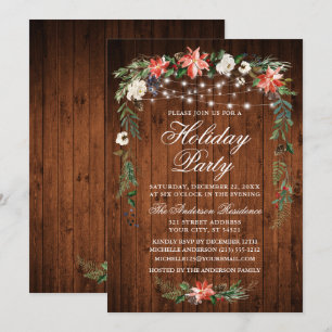 Watercolor Poinsettia Wood Lights Holiday Party Invitation