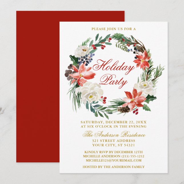 Watercolor Poinsettia Wreath Red Holiday Party Invitation (Front/Back)