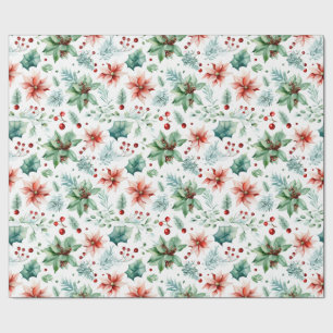 Watercolor Poinsettias and Berries Christmas  Wrapping Paper