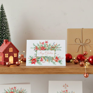 Watercolor poinsettias and greenery  holiday card