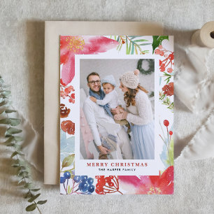 Watercolor Poinsettias   Floral Holiday Photo Card