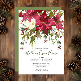 Watercolor Poinsettias Holiday Open House Invitation