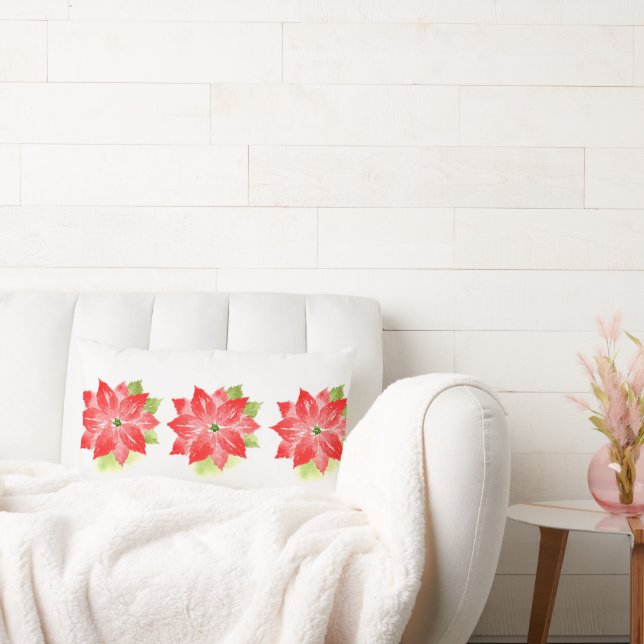 Watercolor Poinsettias Lumbar Pillow (Couch)