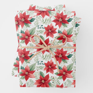 Watercolor Poinsettias Pattern Wrapping Paper Sheet