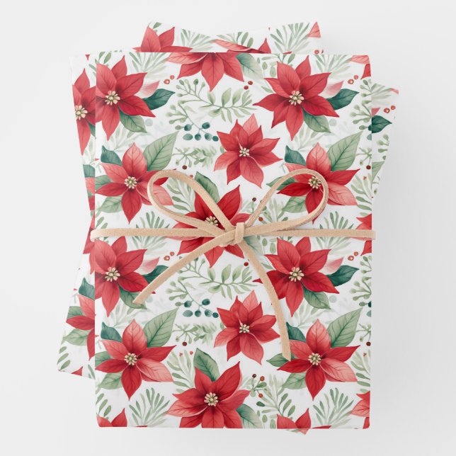  Watercolor Poinsettias Pattern Wrapping Paper Sheet (In situ)