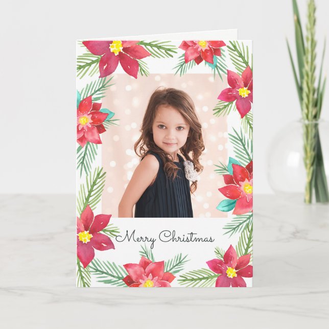 Watercolor Poinsettias Photo Holiday Greeting Card (Front)