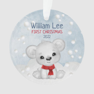 Watercolor Polar Bear Baby 1st First Christmas Ornament