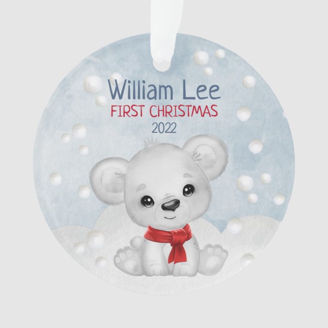 Watercolor Polar Bear Baby 1st First Christmas Ornament (Front)