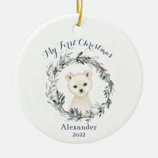 Watercolor Polar Bear Baby's 1st First Christmas Ceramic Ornament