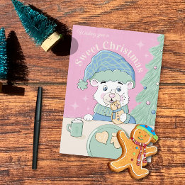 Watercolor Polar Bear Cub with Christmas Cookie Card