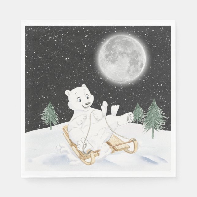 Watercolor Polar Bear On Sled Napkin (Front)