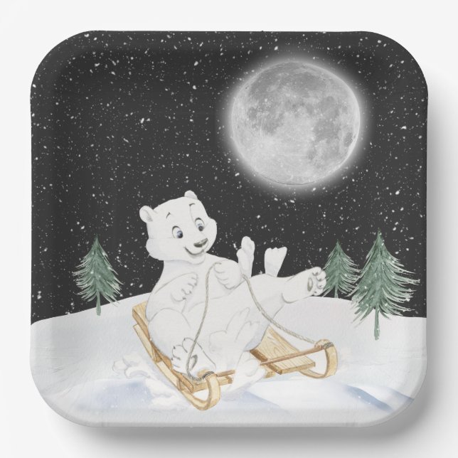Watercolor Polar Bear On Sled Paper Plate (Front)
