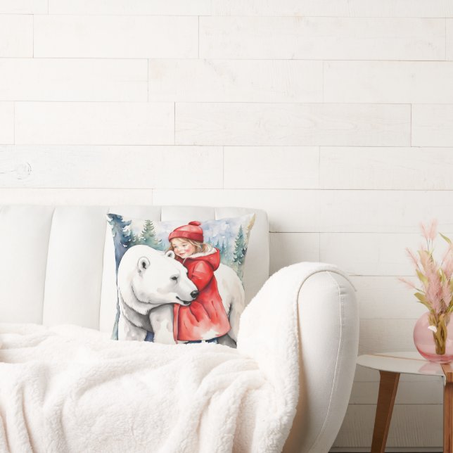 Watercolor Polar Bear With Girl Throw Pillow (Couch)