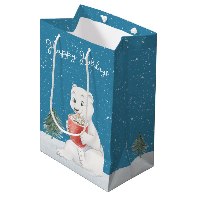 Watercolor Polar Bear With Hot Cocoa Medium Gift Bag (Front Angled)