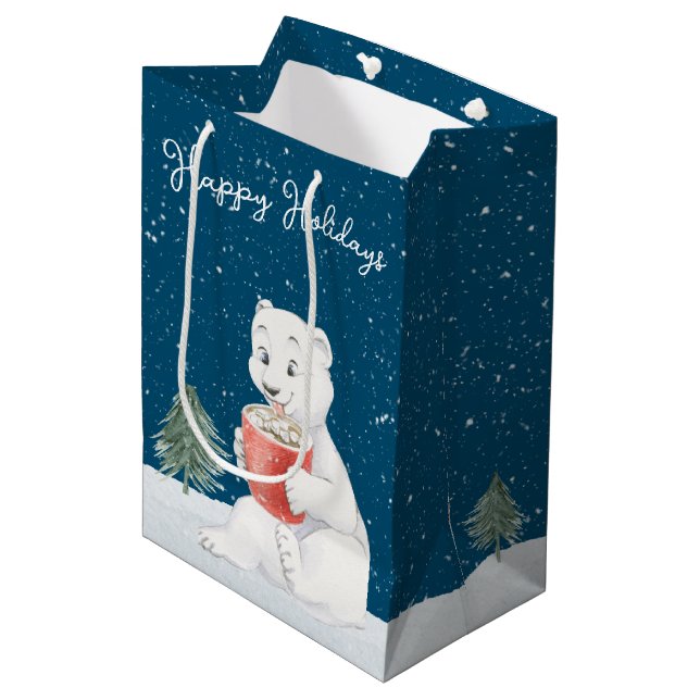 Watercolor Polar Bear With Hot Cocoa Medium Gift Bag (Front Angled)