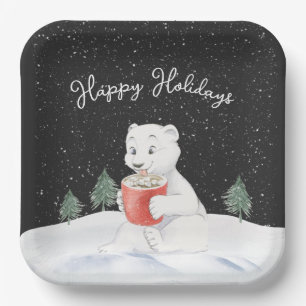 Watercolor Polar Bear With Hot Cocoa Paper Plate
