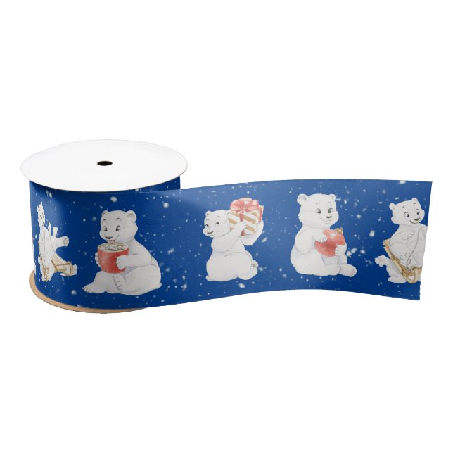 Watercolor Polar Bears In Snowflakes Satin Ribbon (Spool)