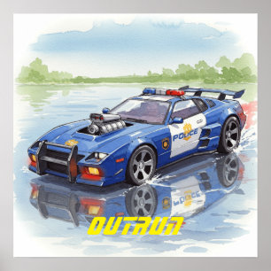 Watercolor Police Car Outrun Poster Wall Art