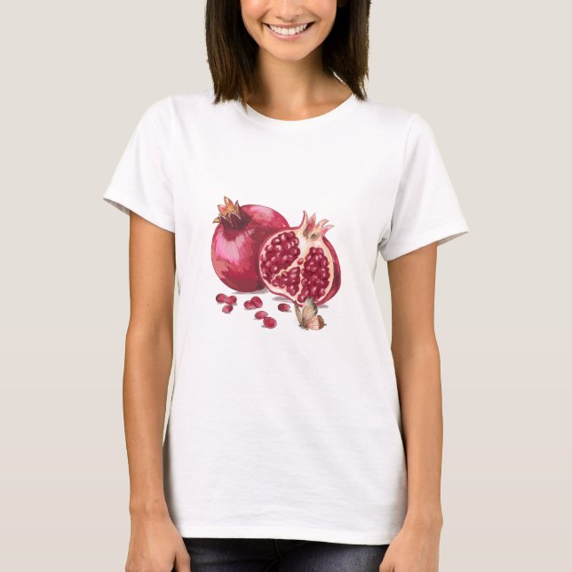 Watercolor Pomegranate Fruit and Butterfly  T-Shirt (Front)