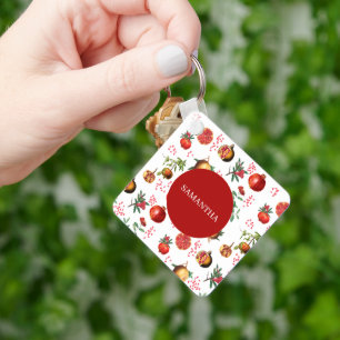Watercolor Pomegranate Mediterranean Fruit Pattern Keychain