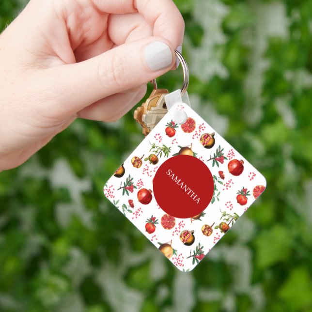 Watercolor Pomegranate Mediterranean Fruit Pattern Keychain (Hand)