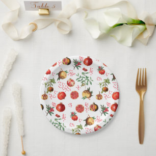 Watercolor Pomegranate Mediterranean Fruit Pattern Paper Plate