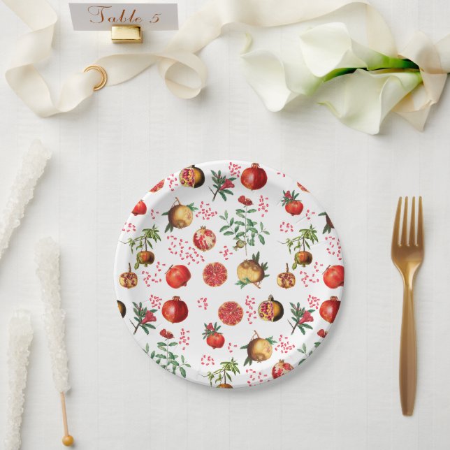 Watercolor Pomegranate Mediterranean Fruit Pattern Paper Plate (Wedding)