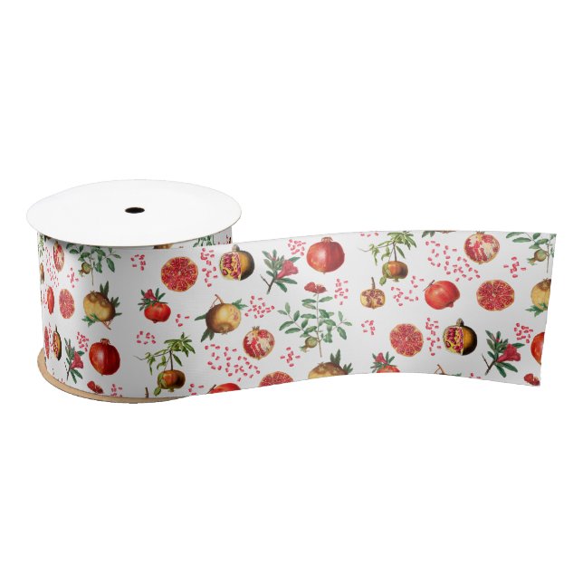Watercolor Pomegranate Mediterranean Fruit Pattern Satin Ribbon (Spool)