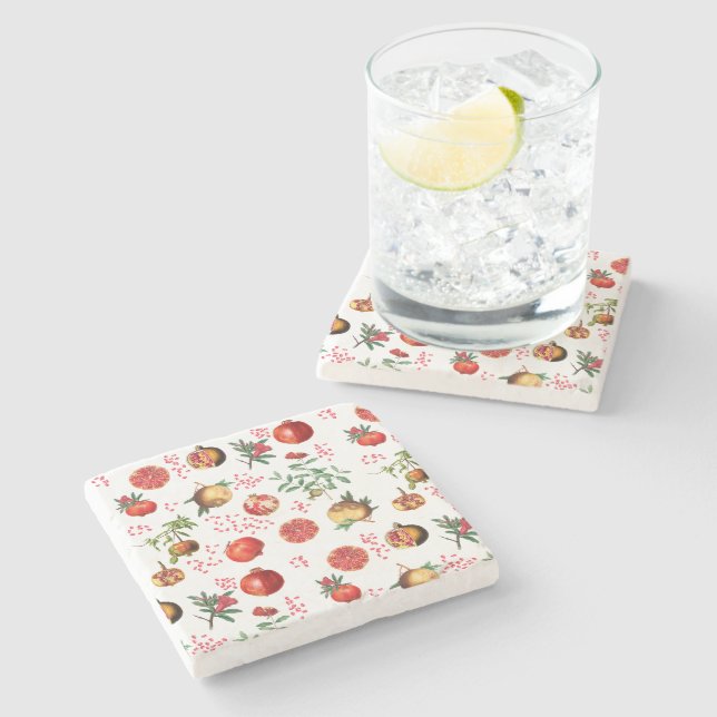 Watercolor Pomegranate Mediterranean Fruit Pattern Stone Coaster (Side)