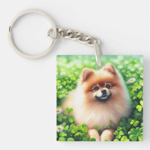 Watercolor Pomeranian Green Shamrock Field Keychain