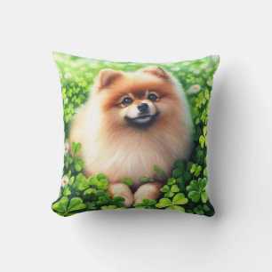 Watercolor Pomeranian Green Shamrock Field Throw Pillow
