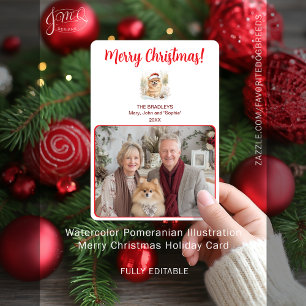 Watercolor Pomeranian Illustration Merry Christmas Holiday Card