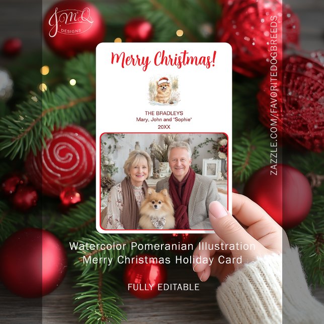 Watercolor Pomeranian Illustration Merry Christmas Holiday Card (Watercolor Pomeranian Illustration Merry Christmas Holiday Card - fully editable)