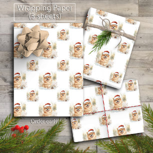 Watercolor Pomeranian in Santa Hat Christmas Wrapping Paper Sheet