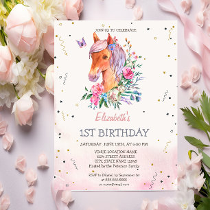 Watercolor Pony Flowers Birthday Invitation