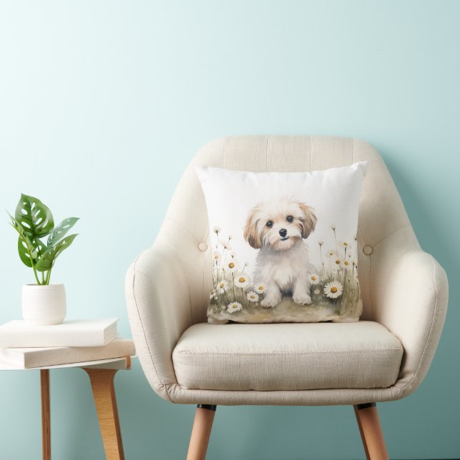 Watercolor Poodle Dog In Daisies Throw Pillow (Chair)