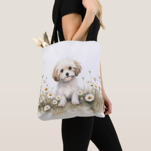 Watercolor Poodle Dog In Daisies Tote Bag